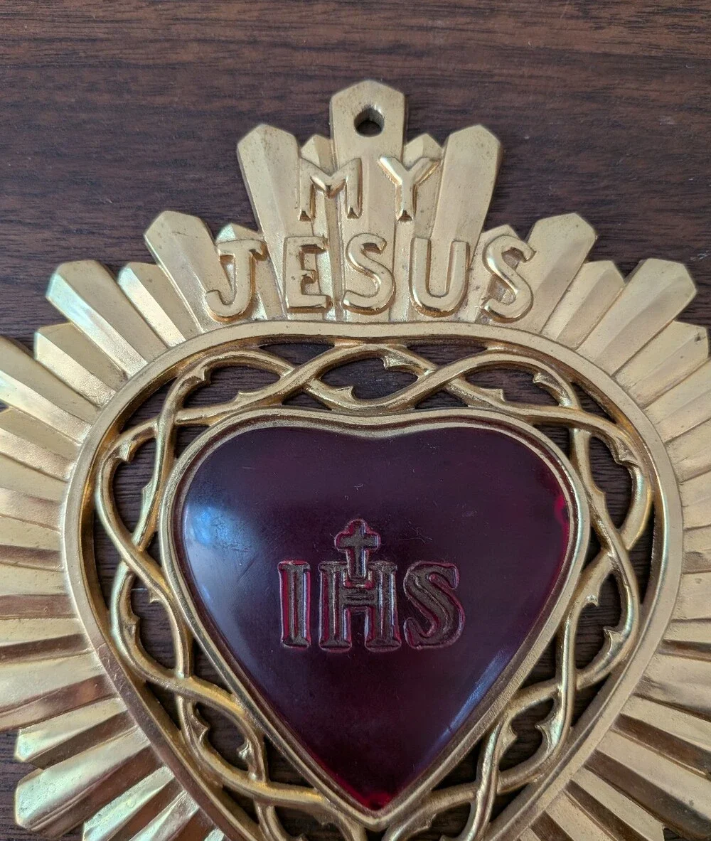 Vintage 1950's Brass Ex Voto My Jesus IHS Mercy Plaque Red Heart Wall Hanging